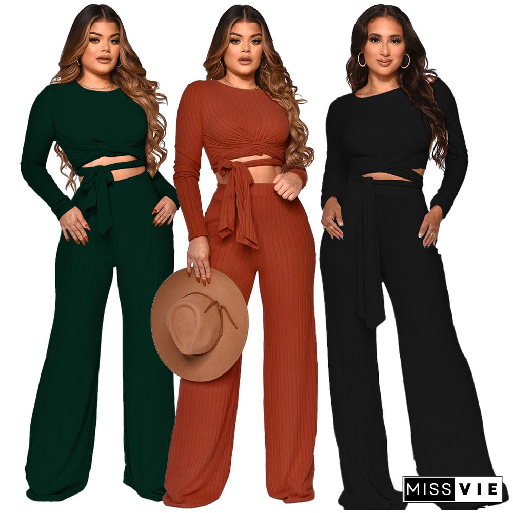 Ribbed Lace Up Crop Tops Wide Leg Pants Set