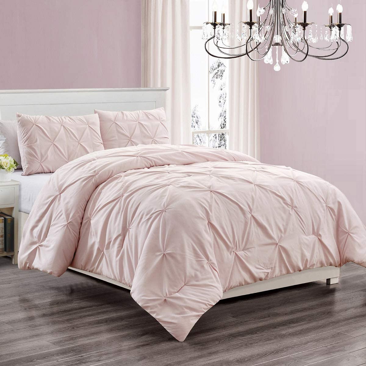 WPM 2 Piece Microfiber Comforter Set Pinch Pleat Pintuck Down Alternative Bedding - All Season TWIN Rose Blush Pink Girls Bedroom Decor- JN1