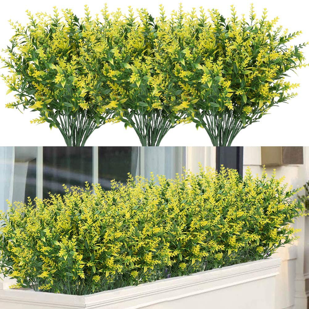 GRNSHTS 8 Bundles Artificial Lavender Flowers for Outdoor Decoration， UV Resistant Fake Shrubs Greenery Bushes House Office Garden Patio Indoor Outdoor Decor  (Yellow)