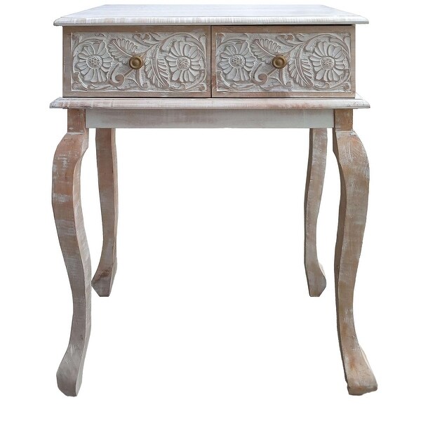 2 Drawer Mango Wood Console Table with Floral Carved Front， Brown and White