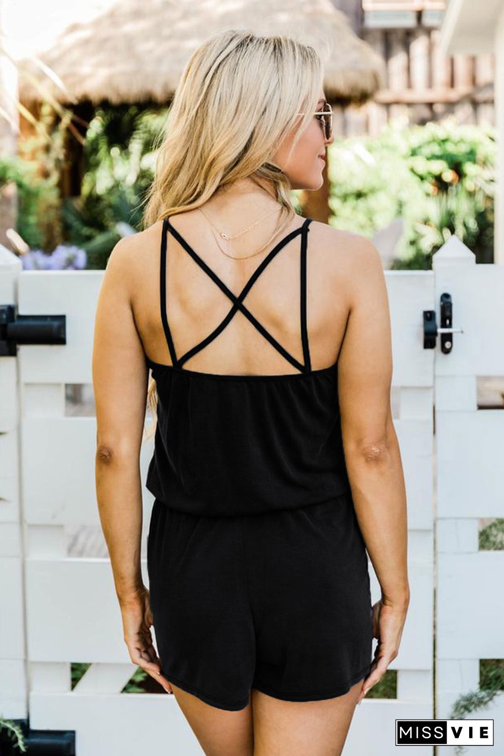 Black Spaghetti Straps V Neck Crisscross Back Romper