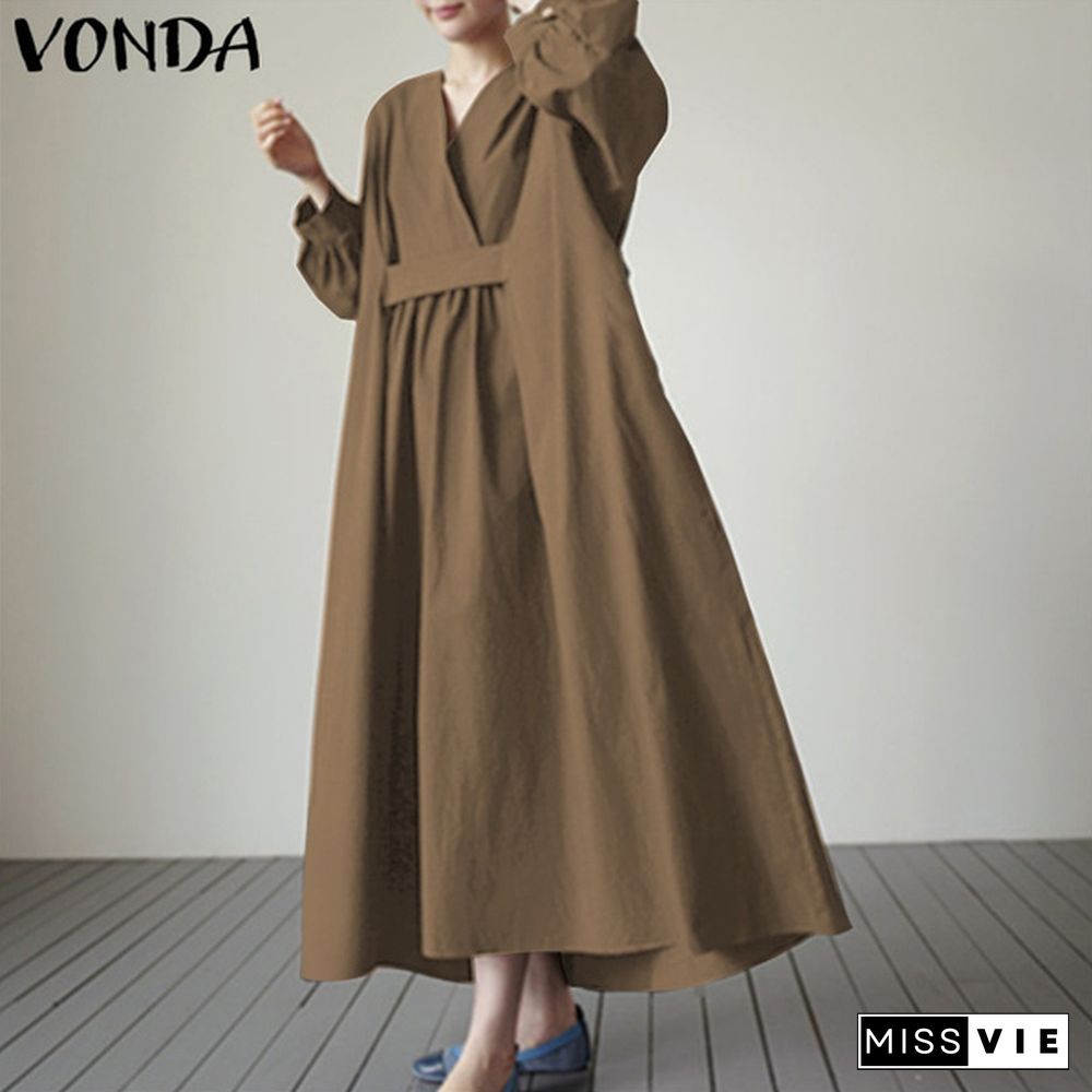 VONDA Casual Black Oversized Maxi Dress Loose Solid Color Autumn Fashion Women's Kaftan Dress