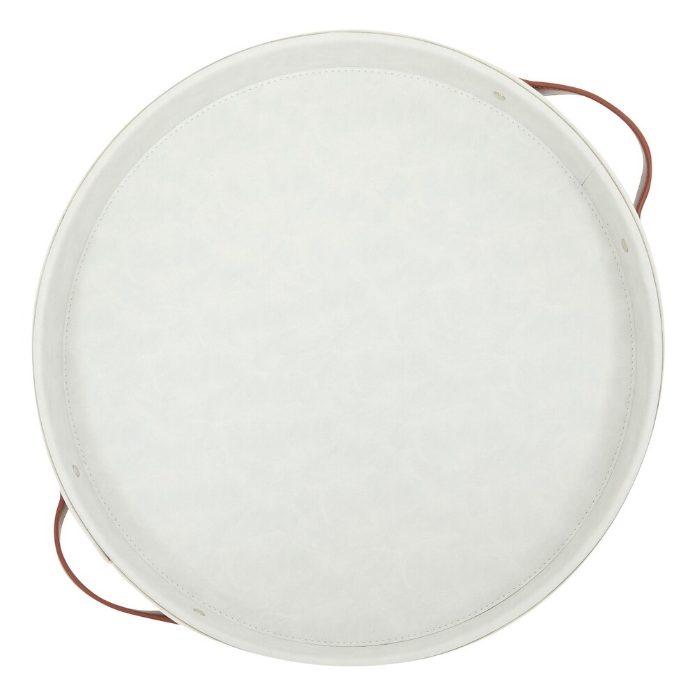 Faux Leather Round Serving Tray with Handles for Coffee Table and Ottoman (White  14.5 x 2 In)