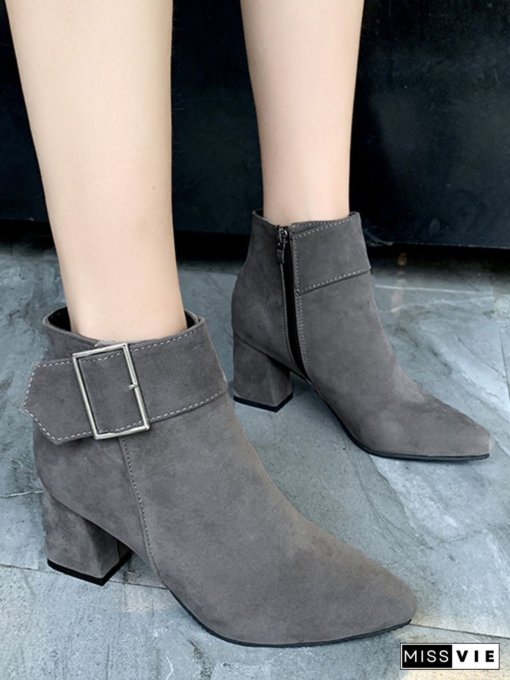 Chunky Heel Buckle Pointed-Toe Suede Martin Boots