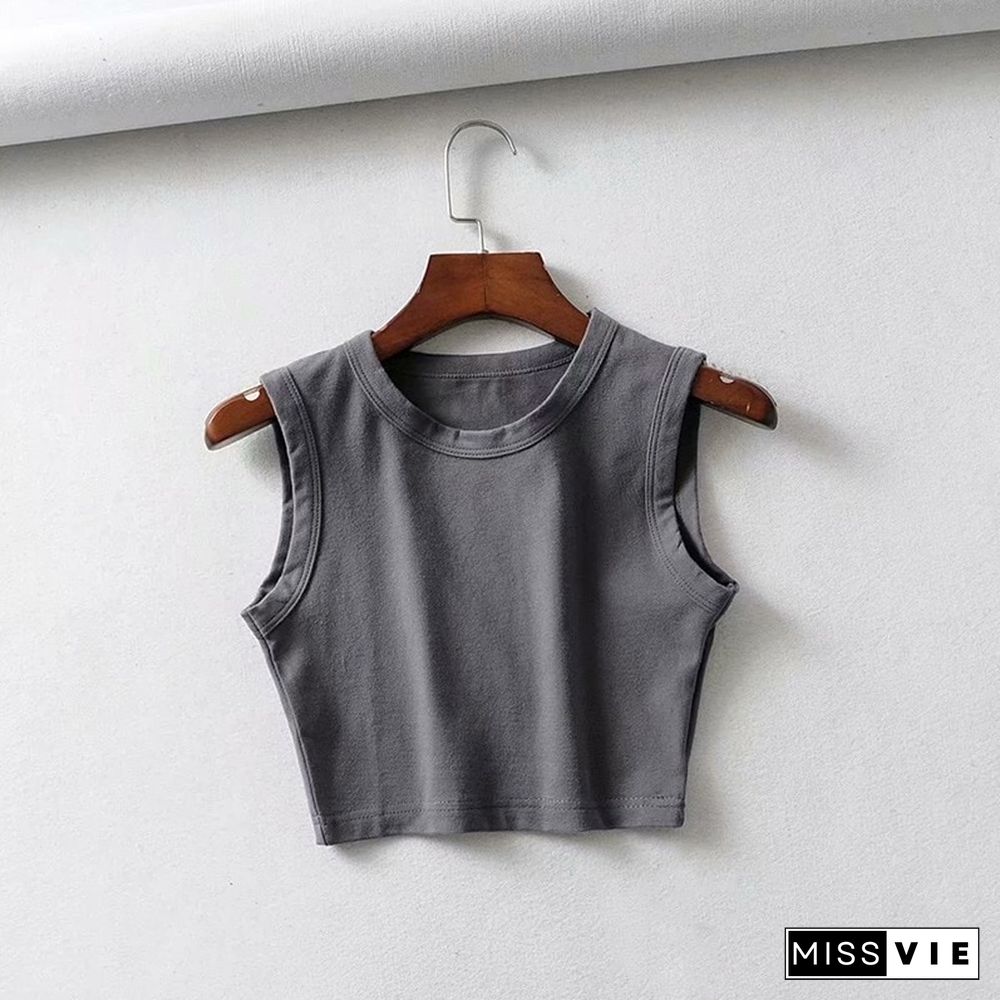 Women Casual Sleeveless Short Tank Tops Summer Female O-Neck Solid Color Vest Tanks Fashion White Solid Skinny Crop Top