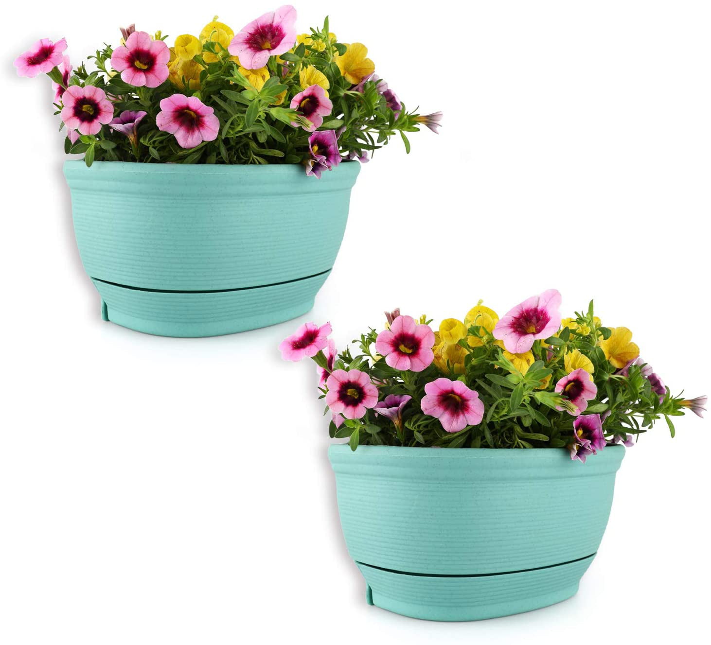 T4U Wall Planter Pots Outdoor Use Plastic, Self Watering Wall Hanging Baskets Flower Pot Hangers for Fence, 8.5 inch, Green Set of 2