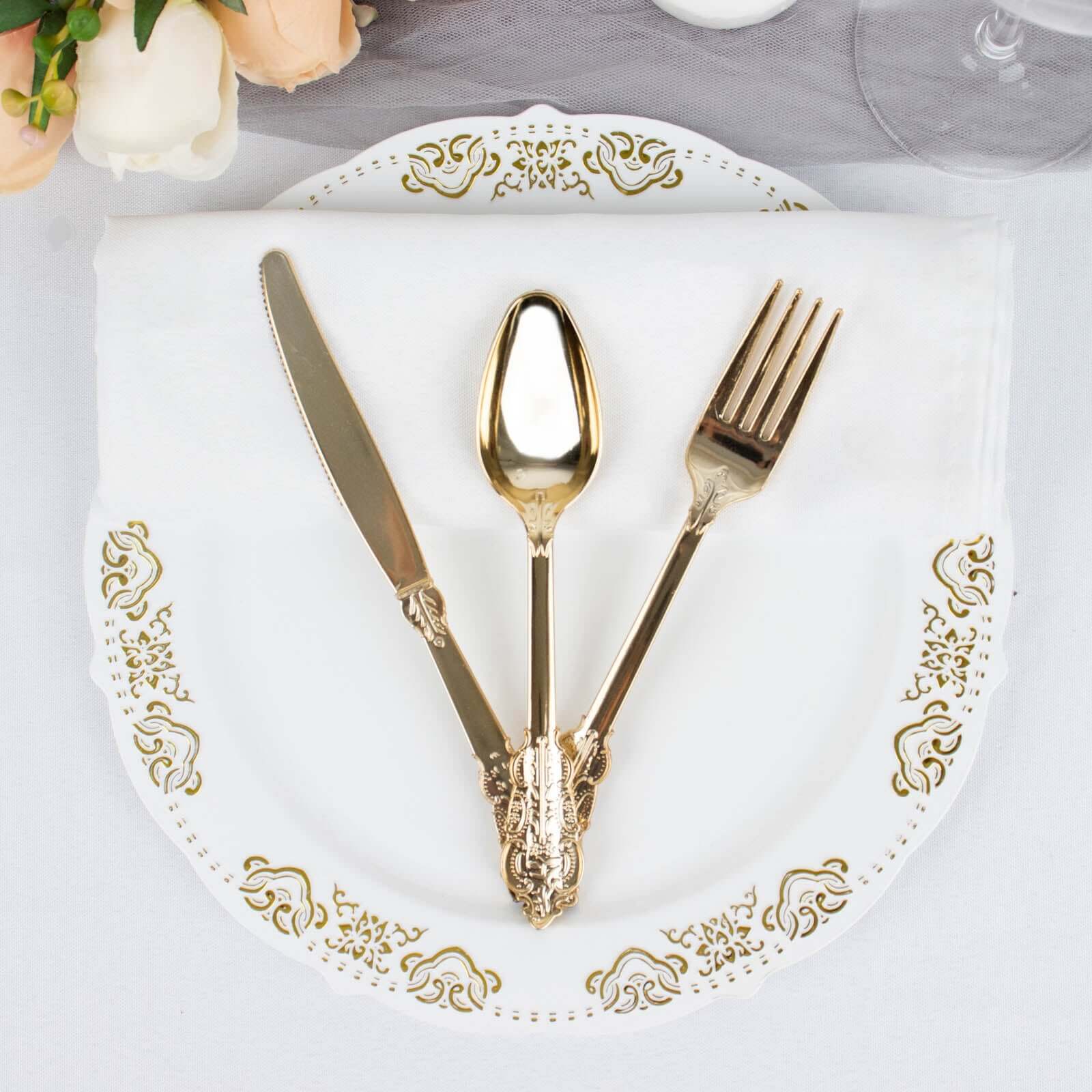 24 Pack Metallic Gold Baroque Style Heavy Duty Plastic Silverware Set