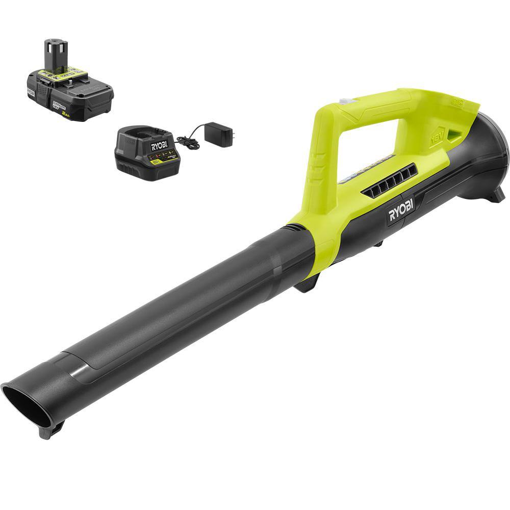 RYOBI ONE+ 18V 90 MPH 200 CFM Cordless Battery Leaf BlowerSweeper with 2.0 Ah Battery and Charger P2190