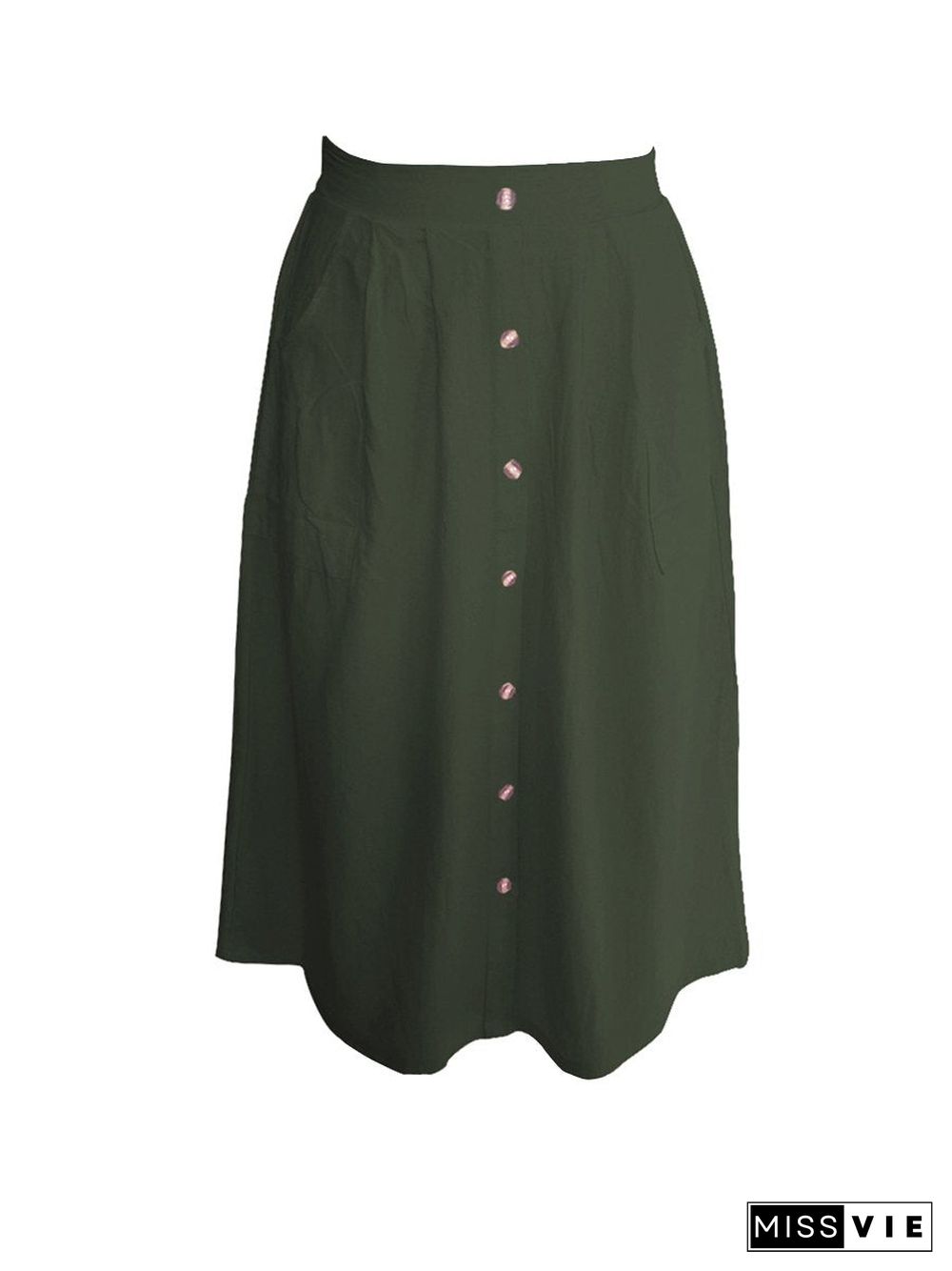 A-Lined Buttons Knee Length Midi Skirt With Pockets