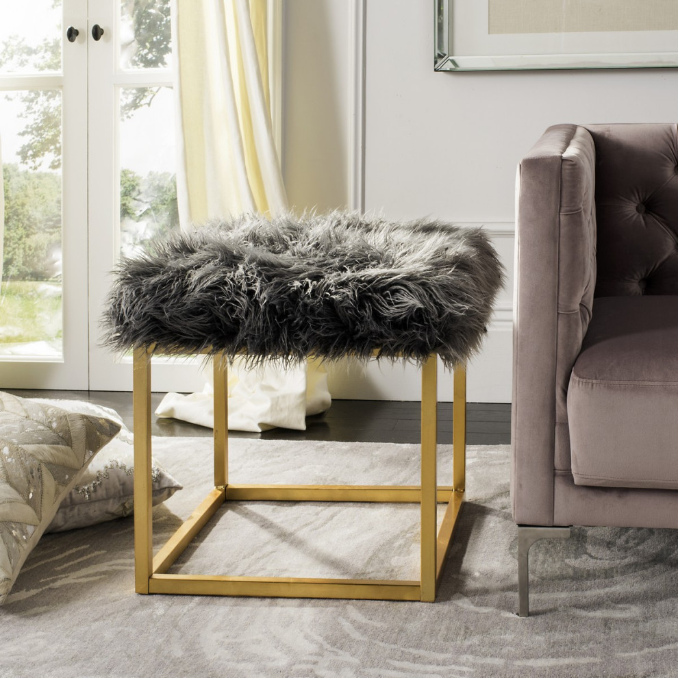 Windel Contemporary Glam Faux Sheepskin Square Ottoman  Gray   Contemporary   Footstools And Ottomans   by Rustic Home Furniture Deco  Houzz