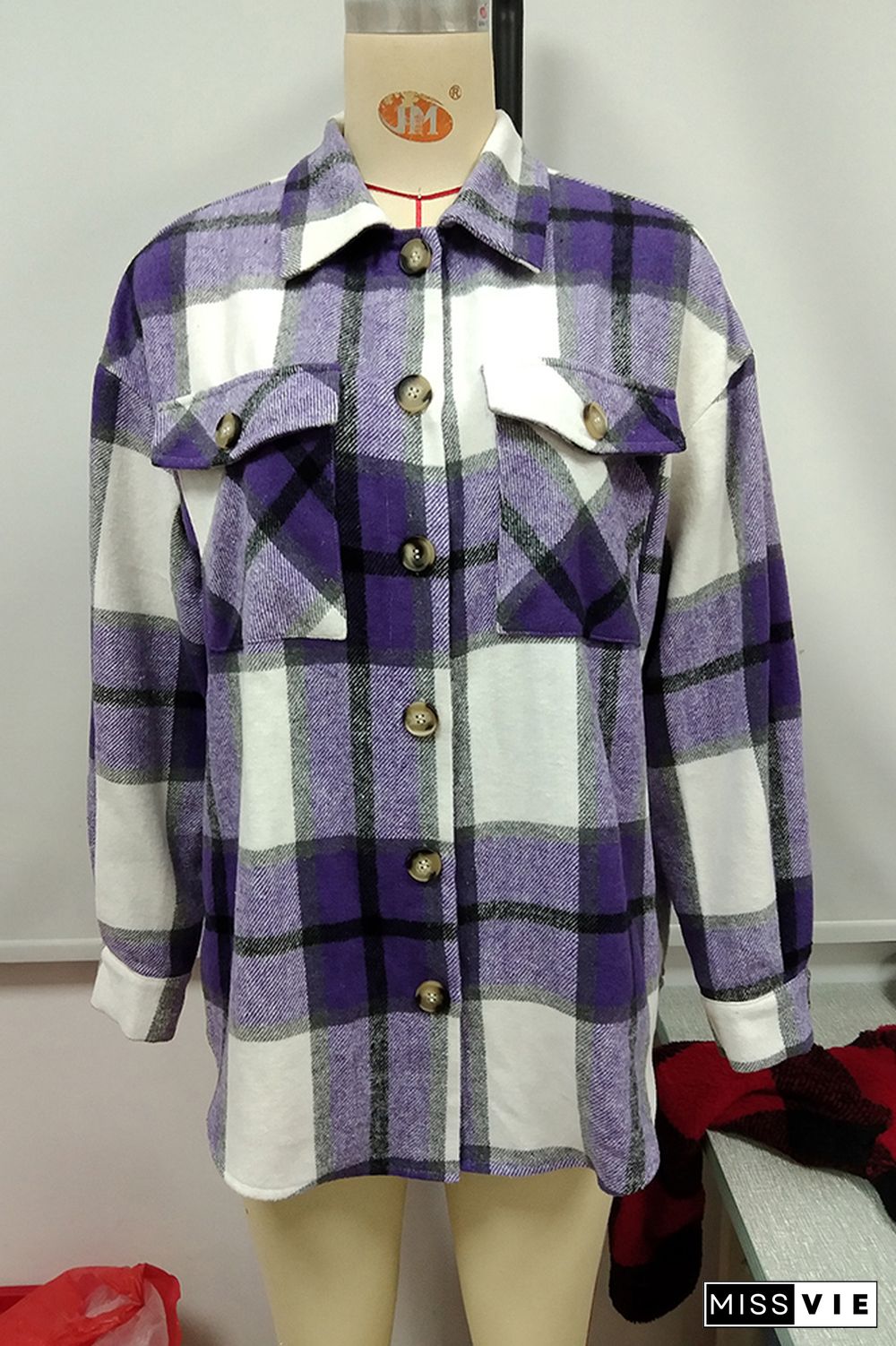 Plaid Double Pockets Turn-down Collar Shacket Jacket Women Wholesale