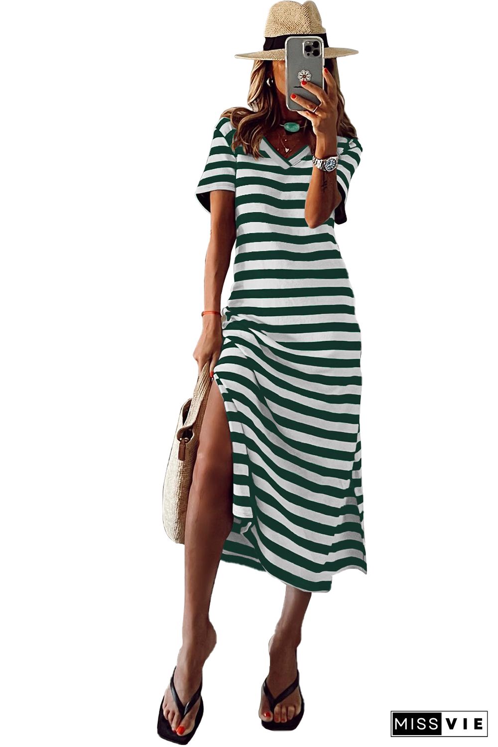 Green Stripe Print V Neck Maxi Dress with Side Splits