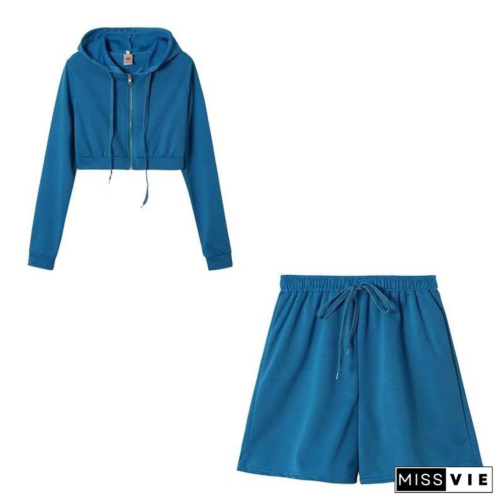 Zipper Hooded Sweatshirt Crop Top Shorts Tracksuit