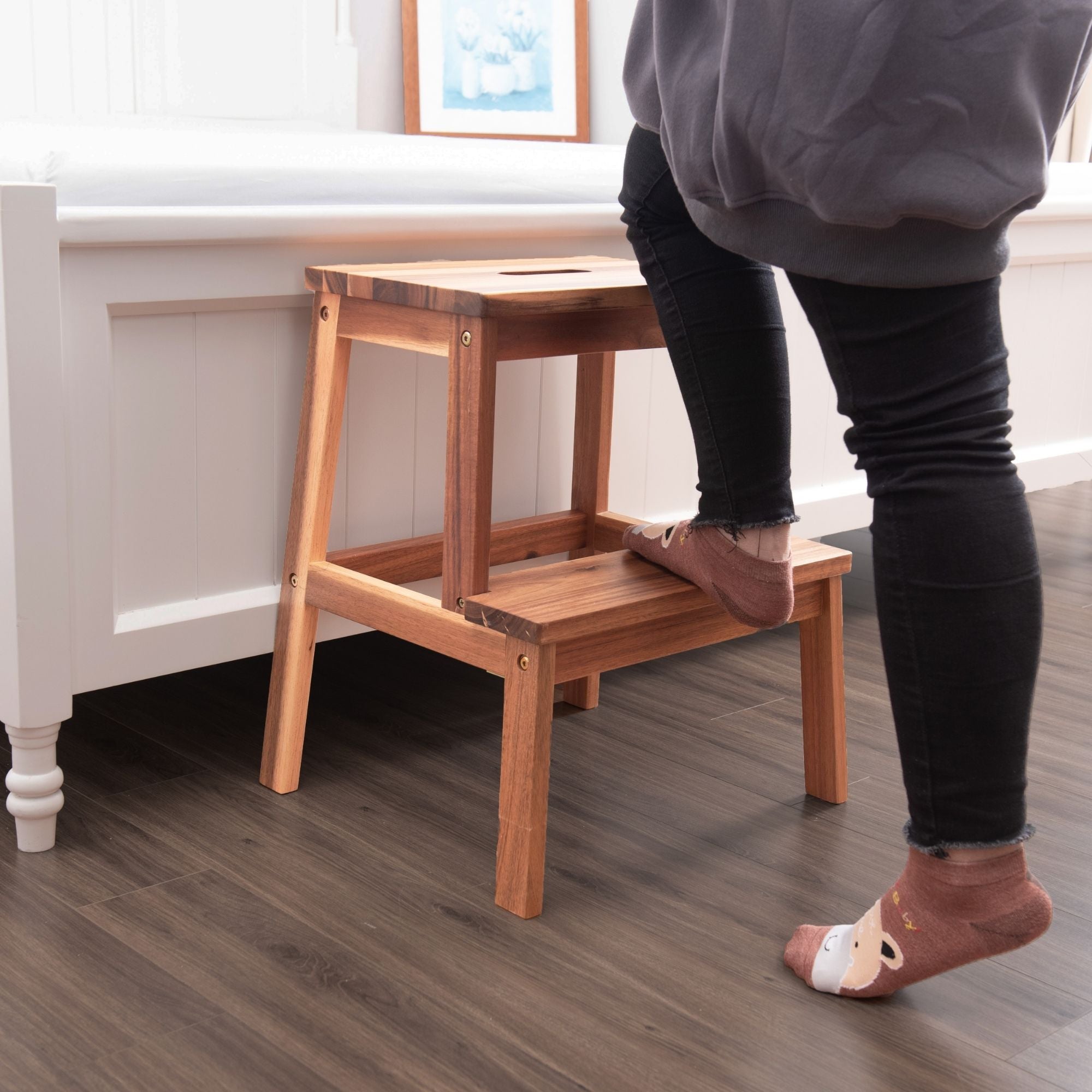 2 Step Stool Wood, for Adults & Kids 350 lbs, Toddler Step Stool Kitchen Helper, Bathroom Stool, Bed Step Stools for High Beds