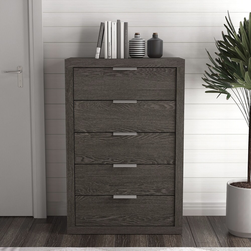 GALANO Harlowin 5 Drawer Dark Gray Oak Chest of Drawers 46.4 in. × 16.2 in. × 30.7 in.