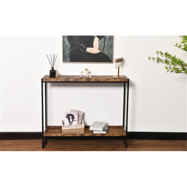 2-tiers Storage Shelf Console Table Antique Brown Rectangle End Table with Metal Frame Side Table for Living Room，Bedroom