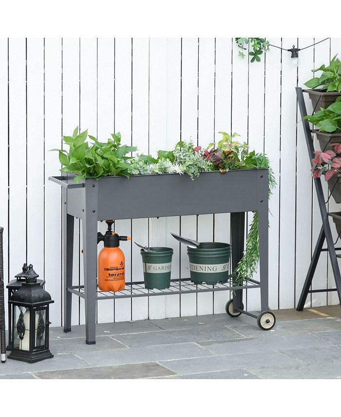 Outsunny Elevated Plant Bed w  Drainage Hole Bottom Shelving for Tools， Grey