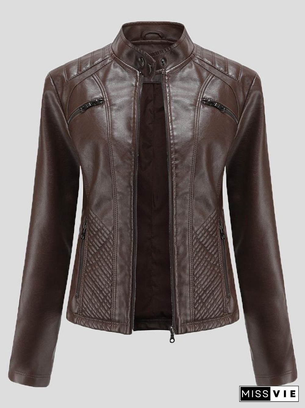 Women's Jackets Casual Stand-Collar Slim Solid Leather Jacket