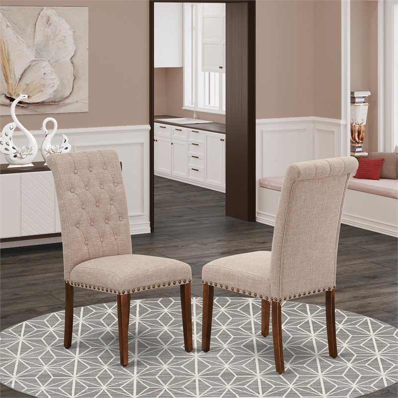 East West Furniture Bremond 42 quotFabric Dining Chair in Beige/Mahogany (Set of 2)   Transitional   Dining Chairs   by Homesquare  Houzz