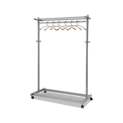 Garment Racks Two-Sided， 2-Shelf Coat Rack， 6 Hanger/6 Hook， 44.8w x 21.67d x 70.8h， Silver Steel/Wood