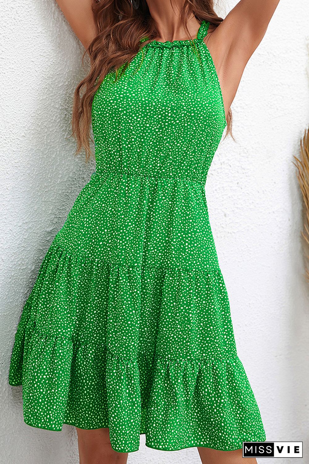 Green Spot Print Halter Sleeveless Tiered Dress