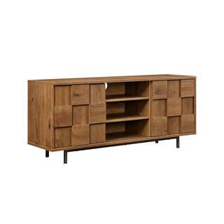 Welwick Designs 54.75 in. English Oak Wood and Metal Modern Checkered TV Stand with 2 Sliding Doors for TVs Up to 55 in. HD9367