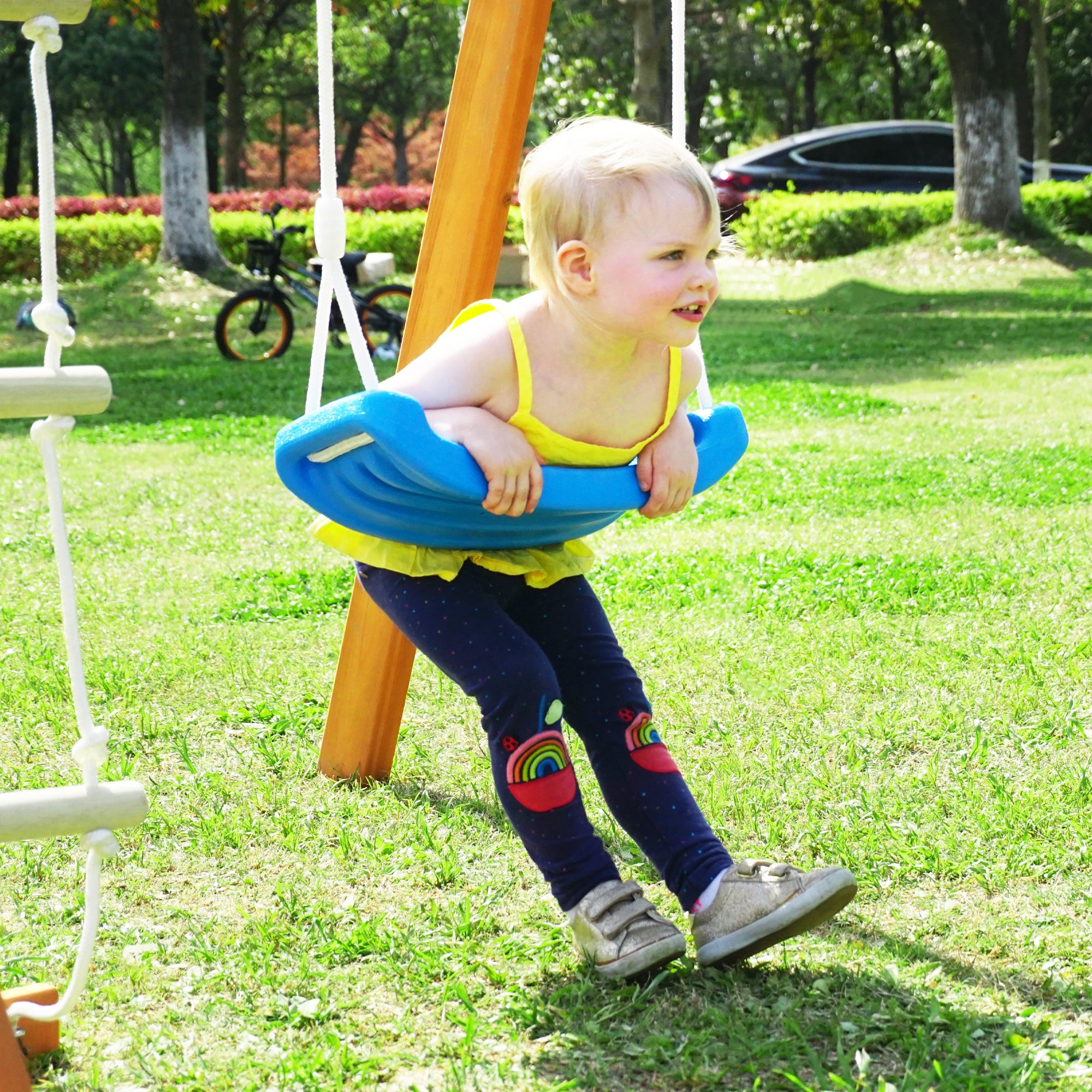 KUUFER Solid Wood Swing Set with Slide， Outdoor Climb and Swing Play Structure for Toddlers