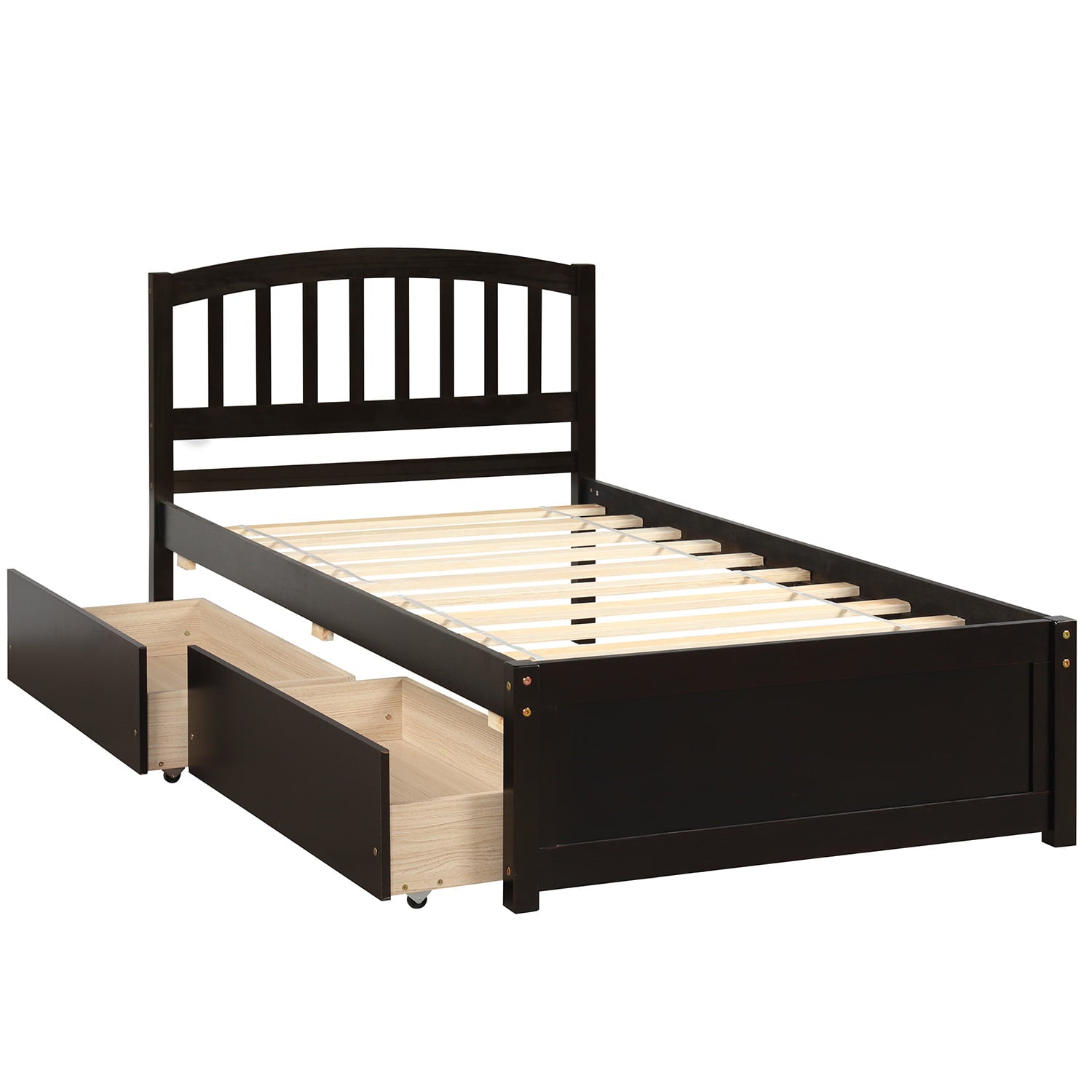 Platform Bed with Storage Drawers, Kids Twin Size Bed Frame No Box Spring Needed, Wood Platform Beds with Headboard and Two Drawers, Modern Single Bed Bedroom Furniture, Espresso, J1164