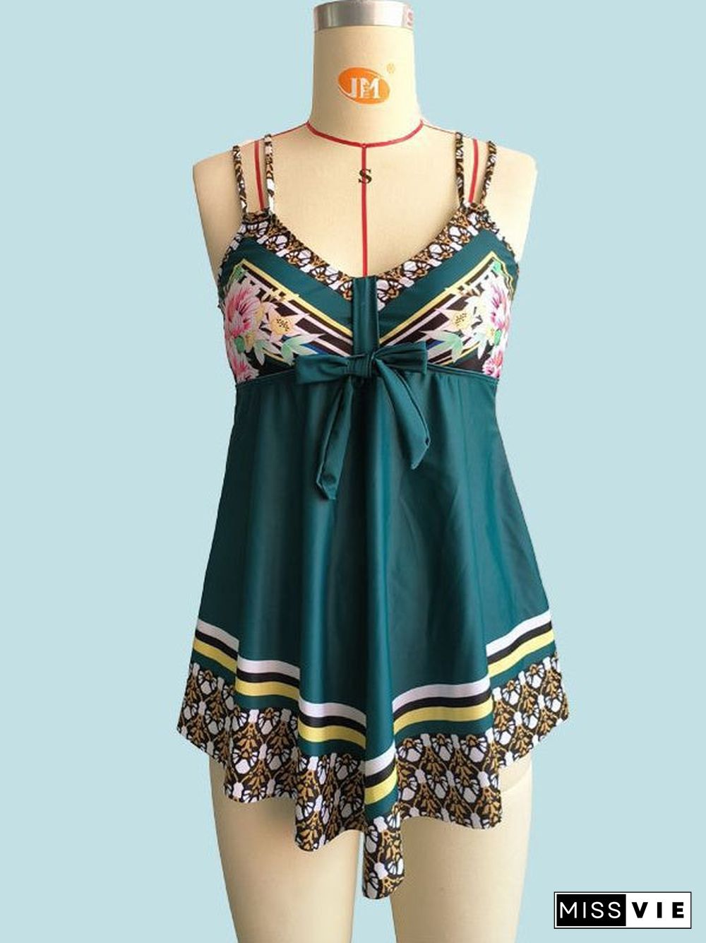 Tankini Print Double Strap Skirt Swimsuit