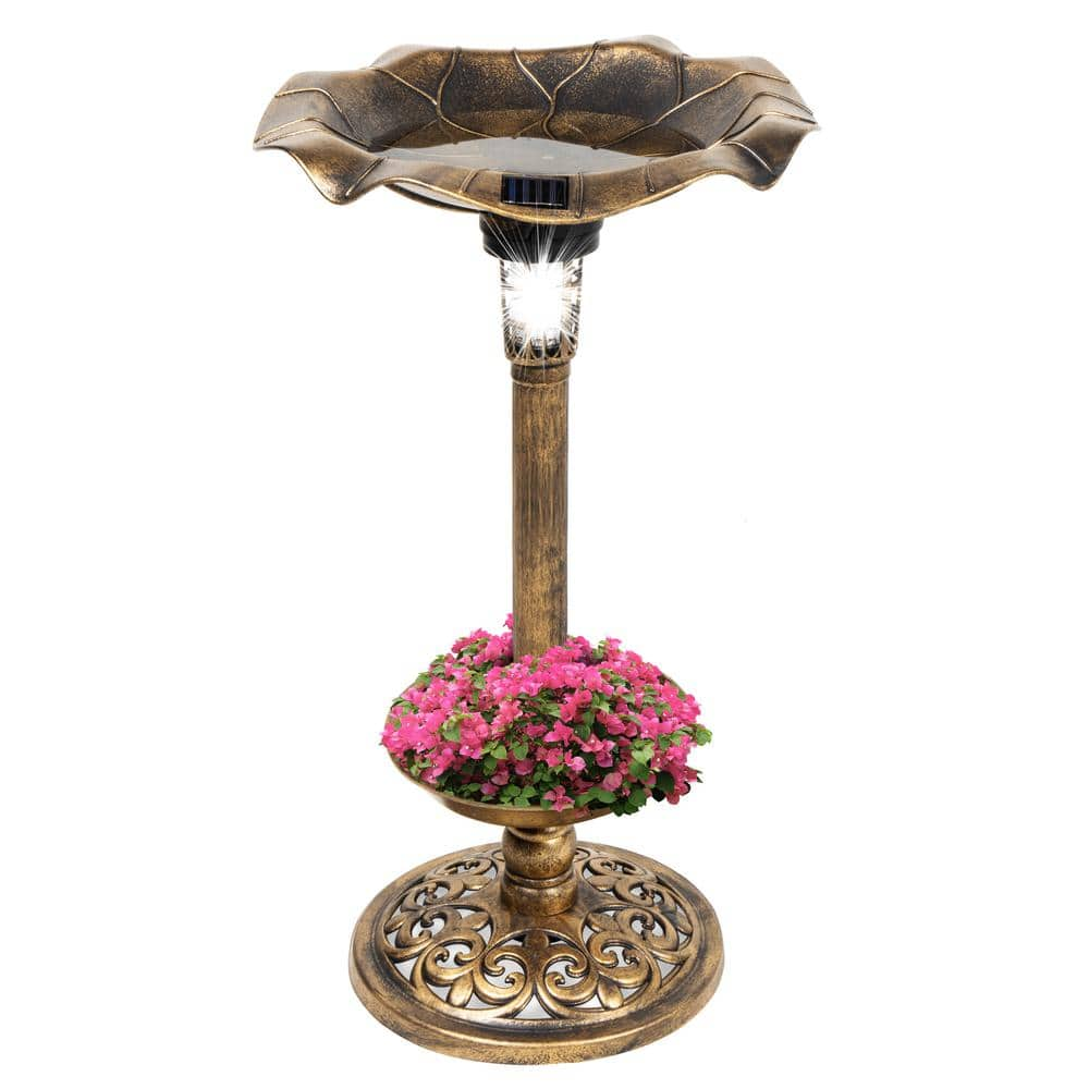 Best Choice Products Bronze Solar Lighted Pedestal Birdbath w/Planter， Integrated Panel SKY4676