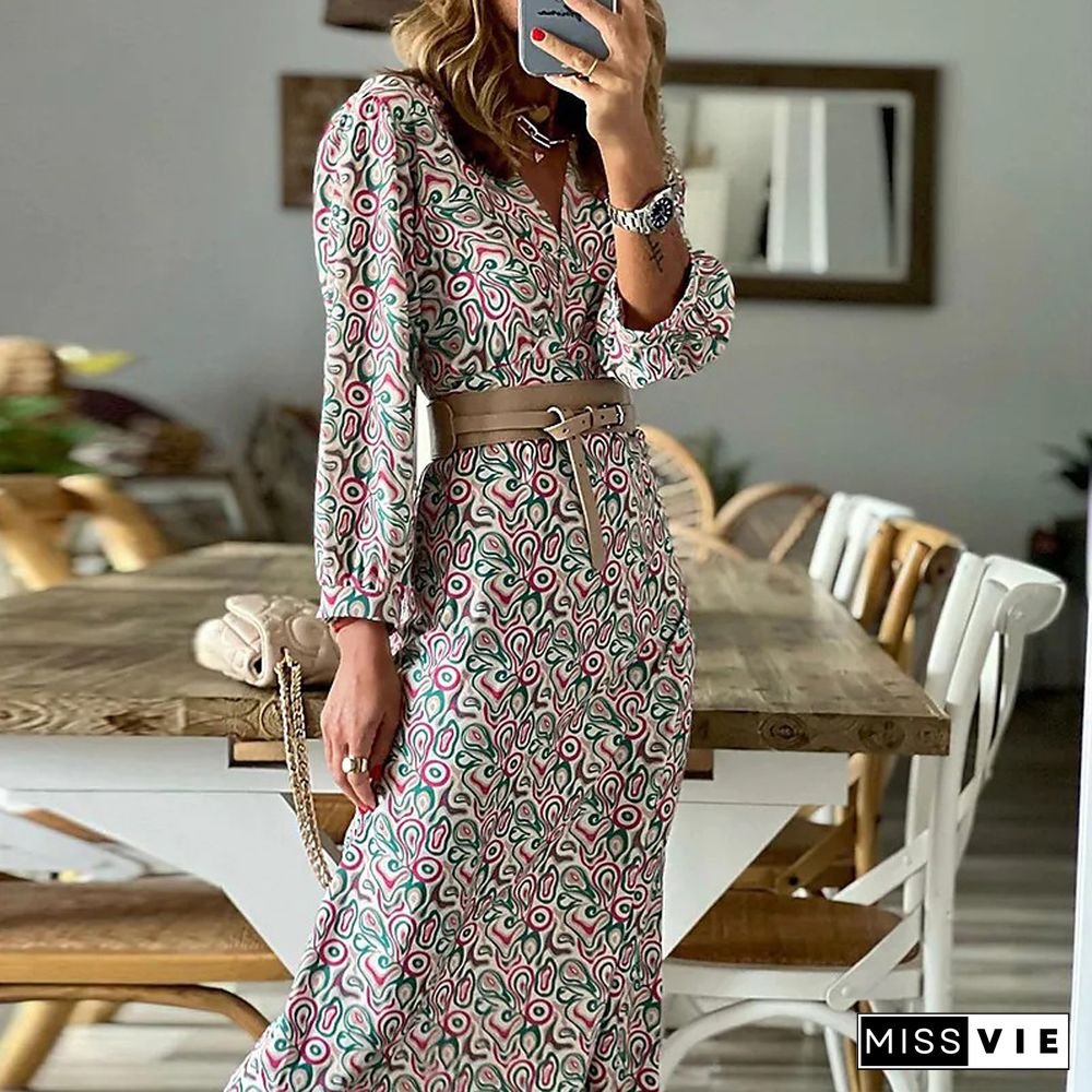 Autumn Harajuku Long Sleeve Bohemian Dress Casual Ladies Vintage Street Commute Maxi Dress Elegant Women V-Neck Wrap Party Dress