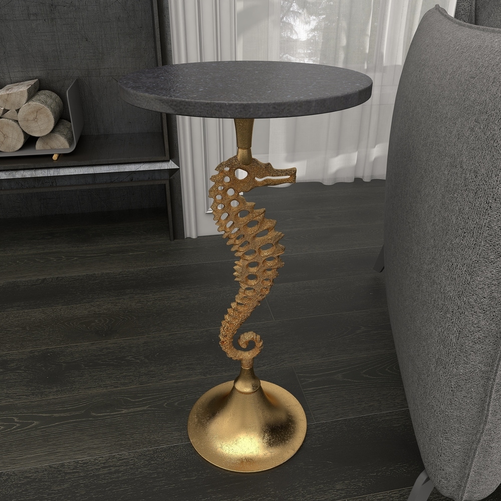 Gold Aluminum Sea Horse Accent Table with Black Marble Table Top   13 x 13 x 25Round