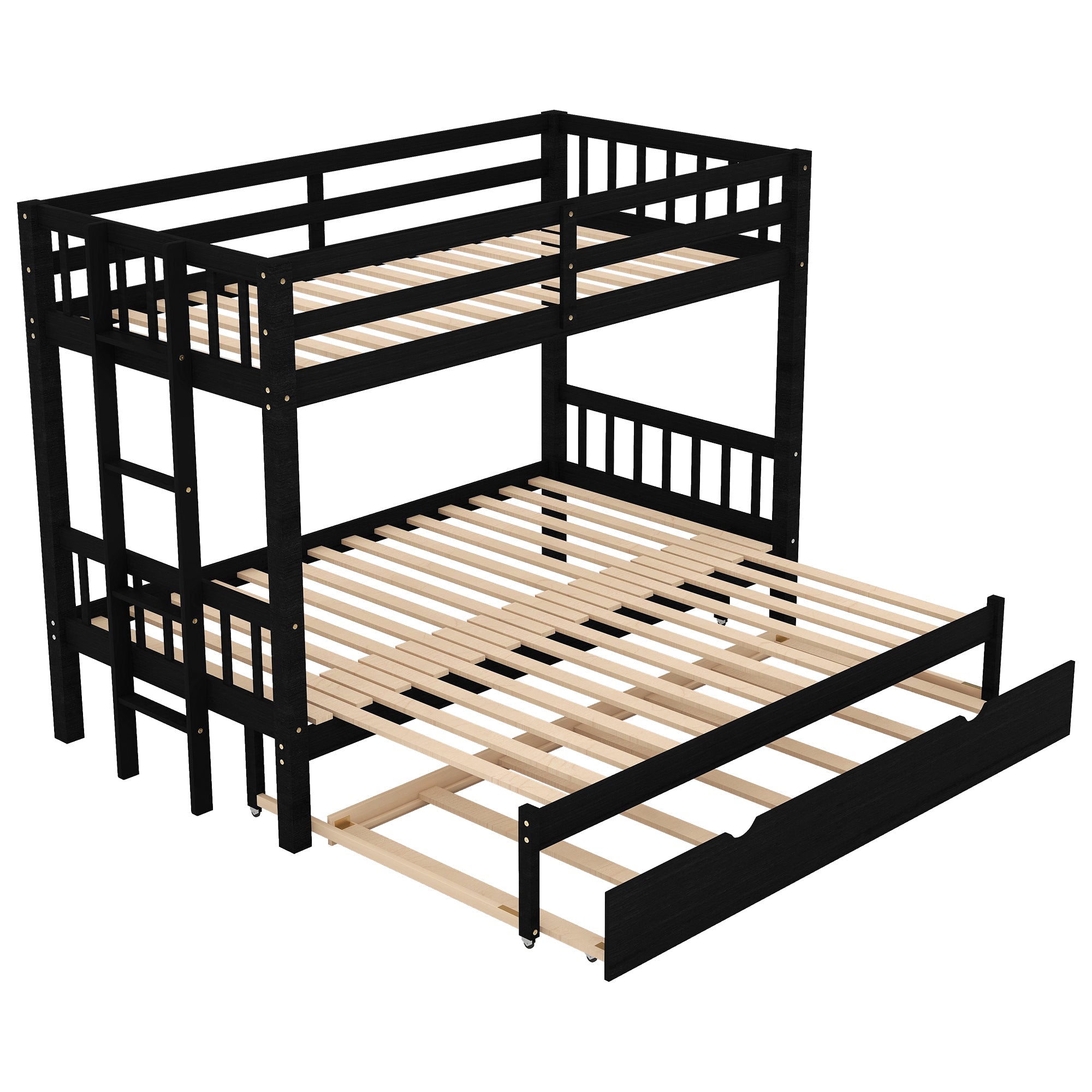 Euroco Wood Twin Over Twin Bunk Bed with Trundle for Kids Room, Espresso