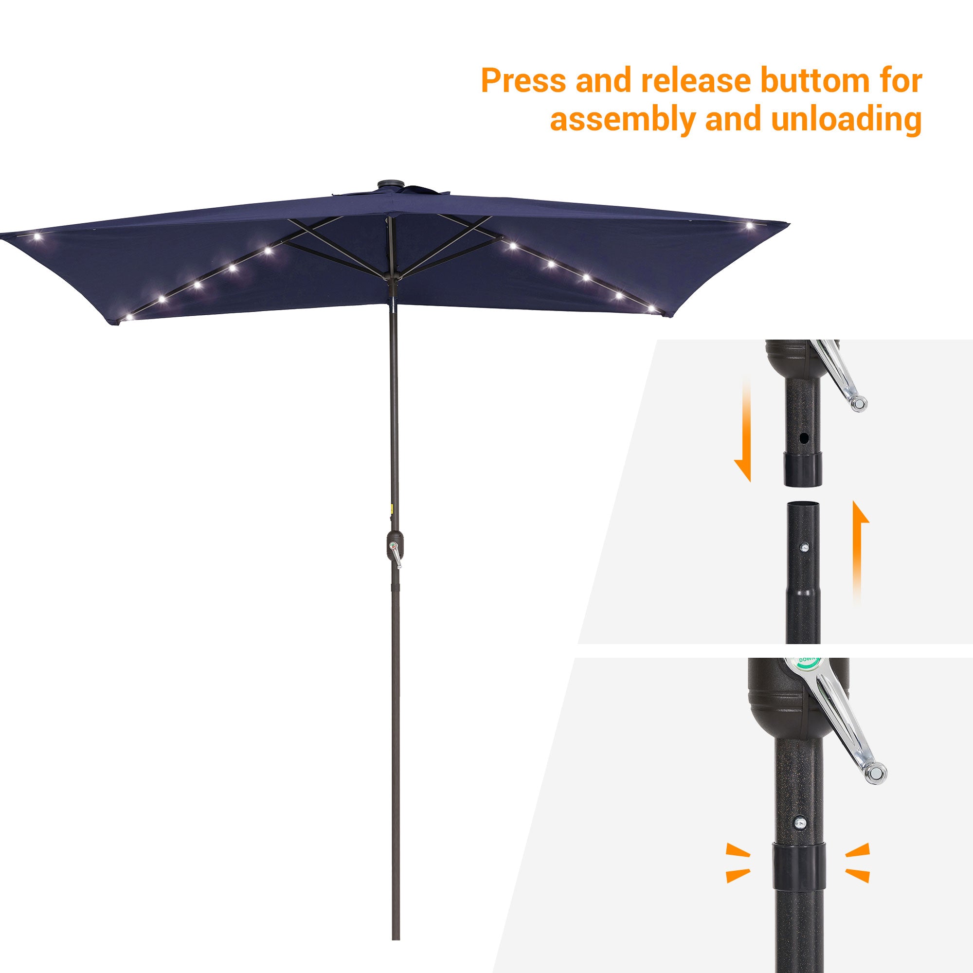 Sonerlic 10 x 6.5ft LED Solar Outdoor Patio Rectangle Table Umbrellas with Non-Fading Canopy for Garden and Yard,Navy Blue