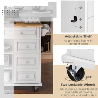 Rubber Wood Desktop White 52.8 in. W x 18.1 in. D x 36.2 in. H Kitchen Island on 5 Wheels with Spice Rack and Drawers W999VESINK21