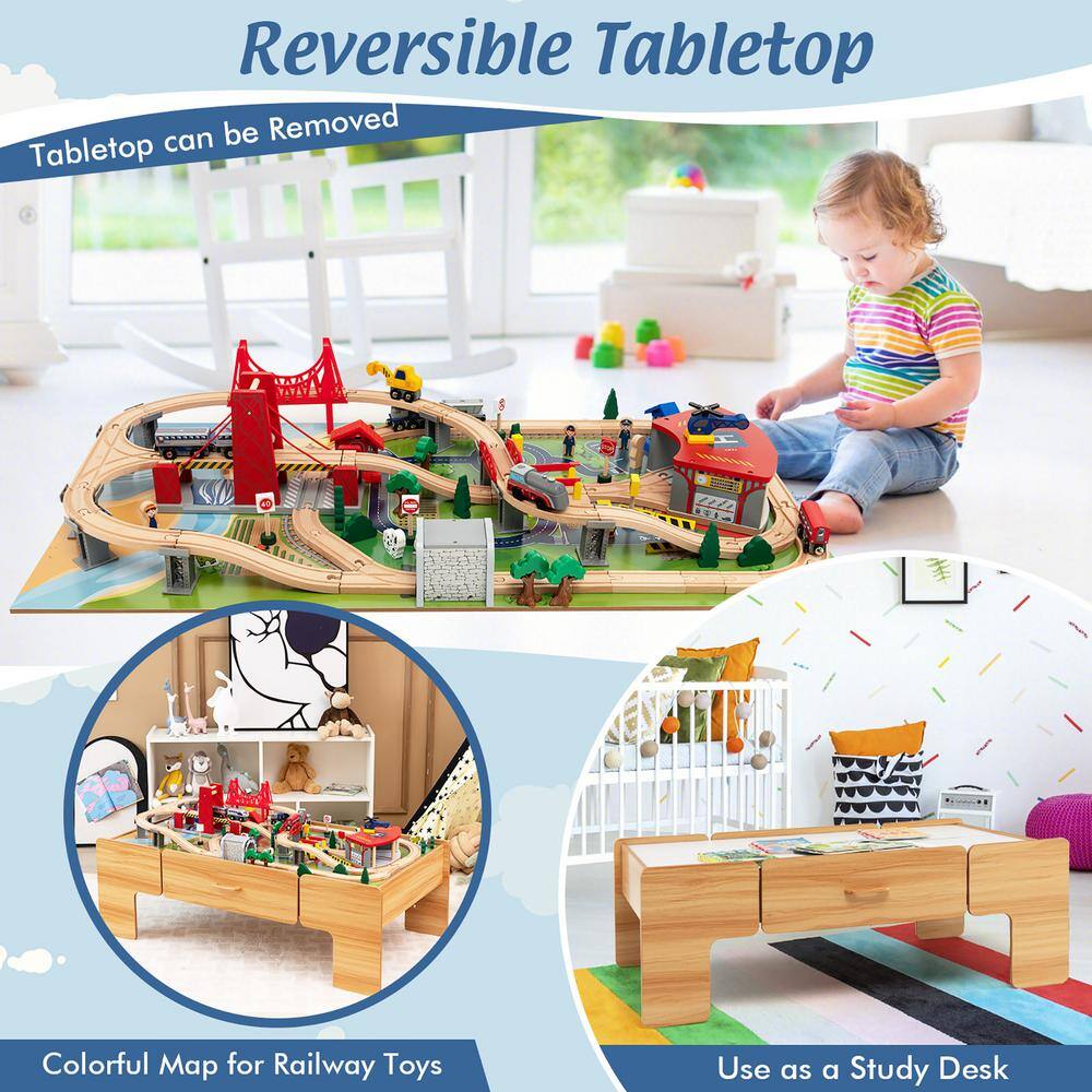 Costway Kids Wooden Train Set and Double-Sided Table Playset with 100-Pieces and Storage Drawer TM10008