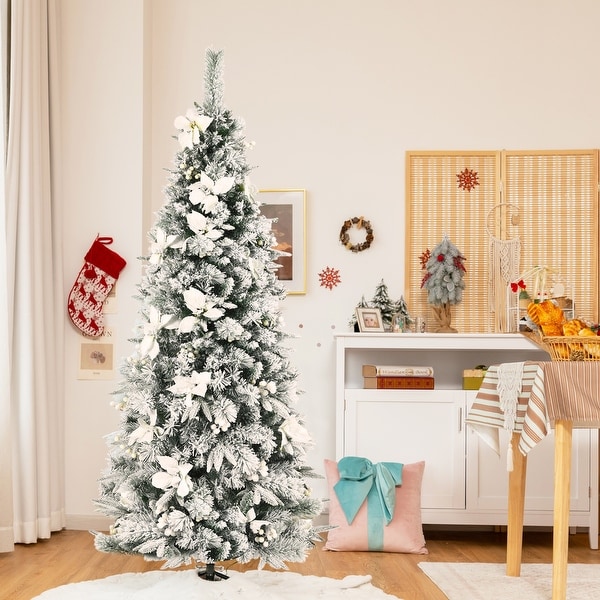 Gymax 5/6/7/8 FT Artificial Snow Flocked Pencil Christmas Tree w/