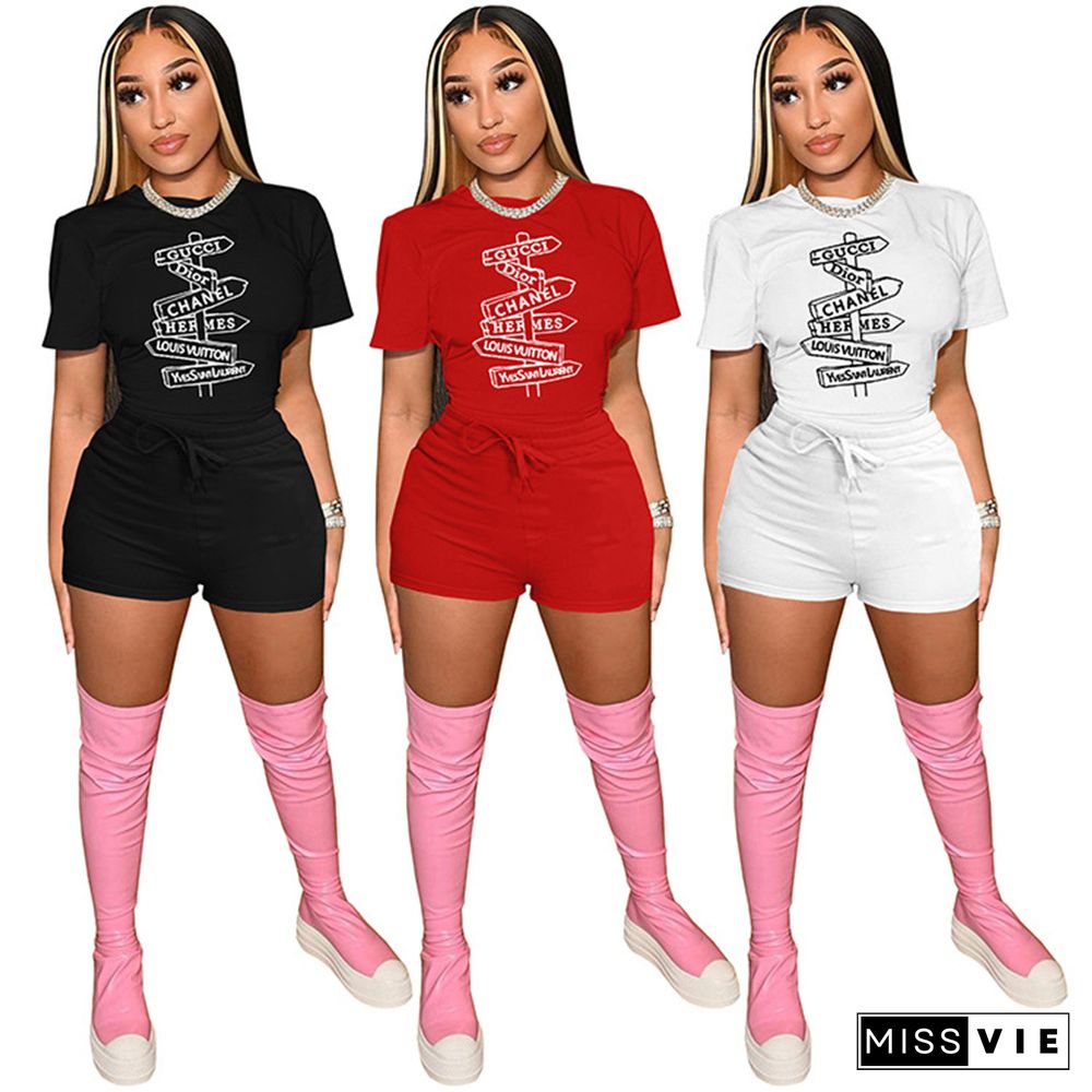 Letter Print Pullover T Shirts and Shorts Set