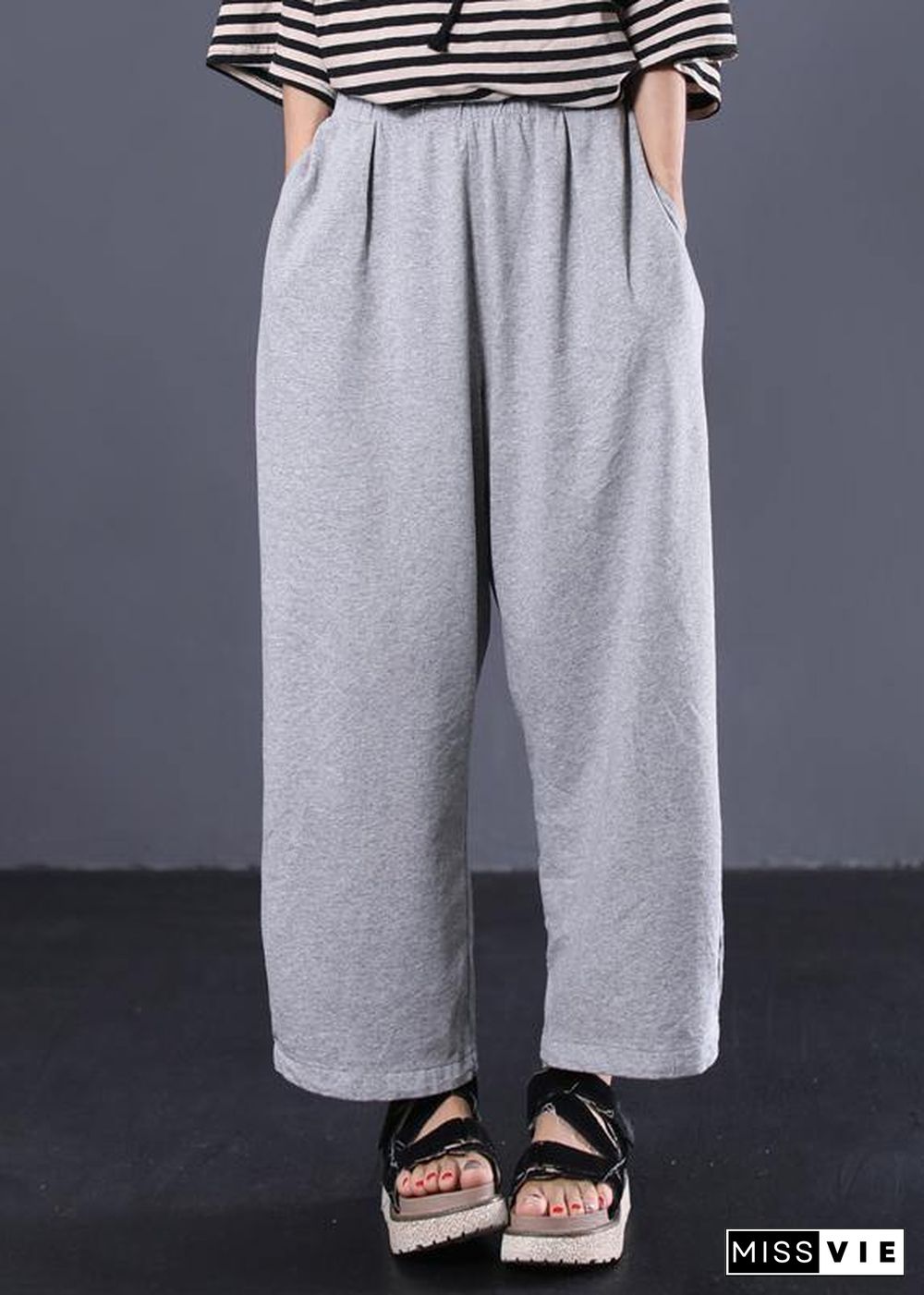 women cotton solid color casual pants elastic waist gray wide leg pants