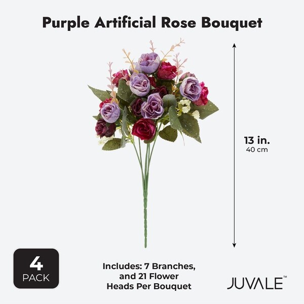 Purple Rose Bouquets，Artificial Floral Arrangements for Home Decor (13 Inch，4 Pack)