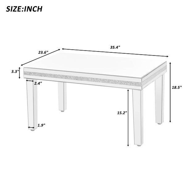 Modern Glass Mirrored Coffee Table， Easy Assembly Cocktail Table with Crystal Design and Adjustable Height Legs， Silver