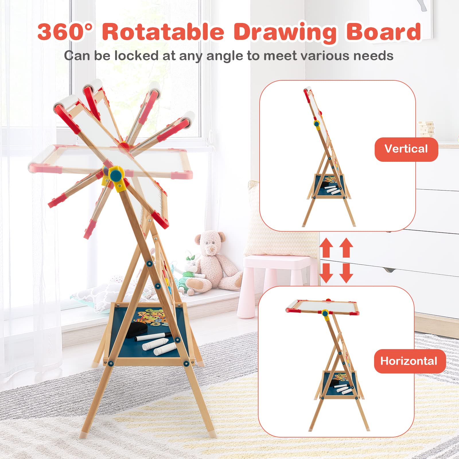 Costzon 3 in 1 Kids Art Easel, 360° Rotating Double-Sided Wood Easel