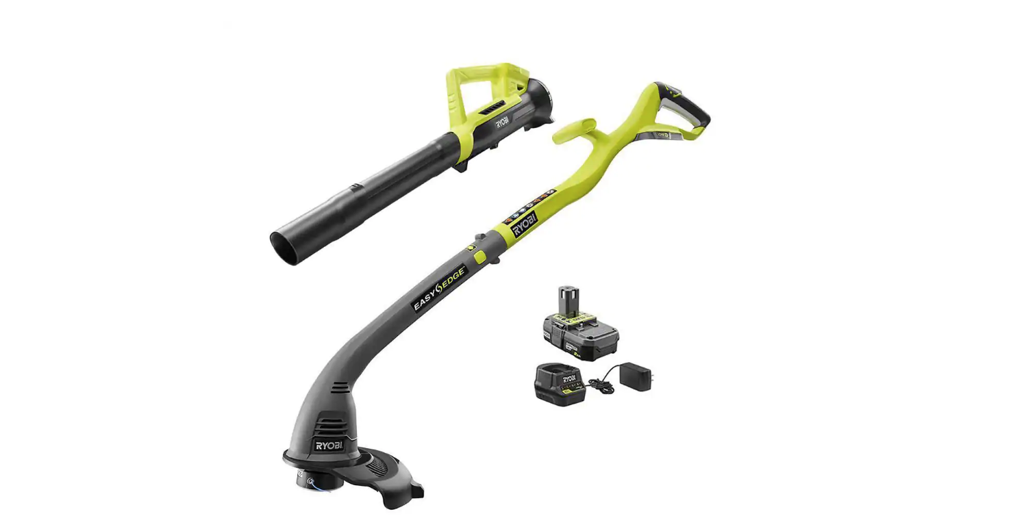 RYOBI P2036 ONE+ 18V Cordless String Trimmer/Edger and Blower/Sweeper Combo Kit with 2.0 Ah Battery and Charger