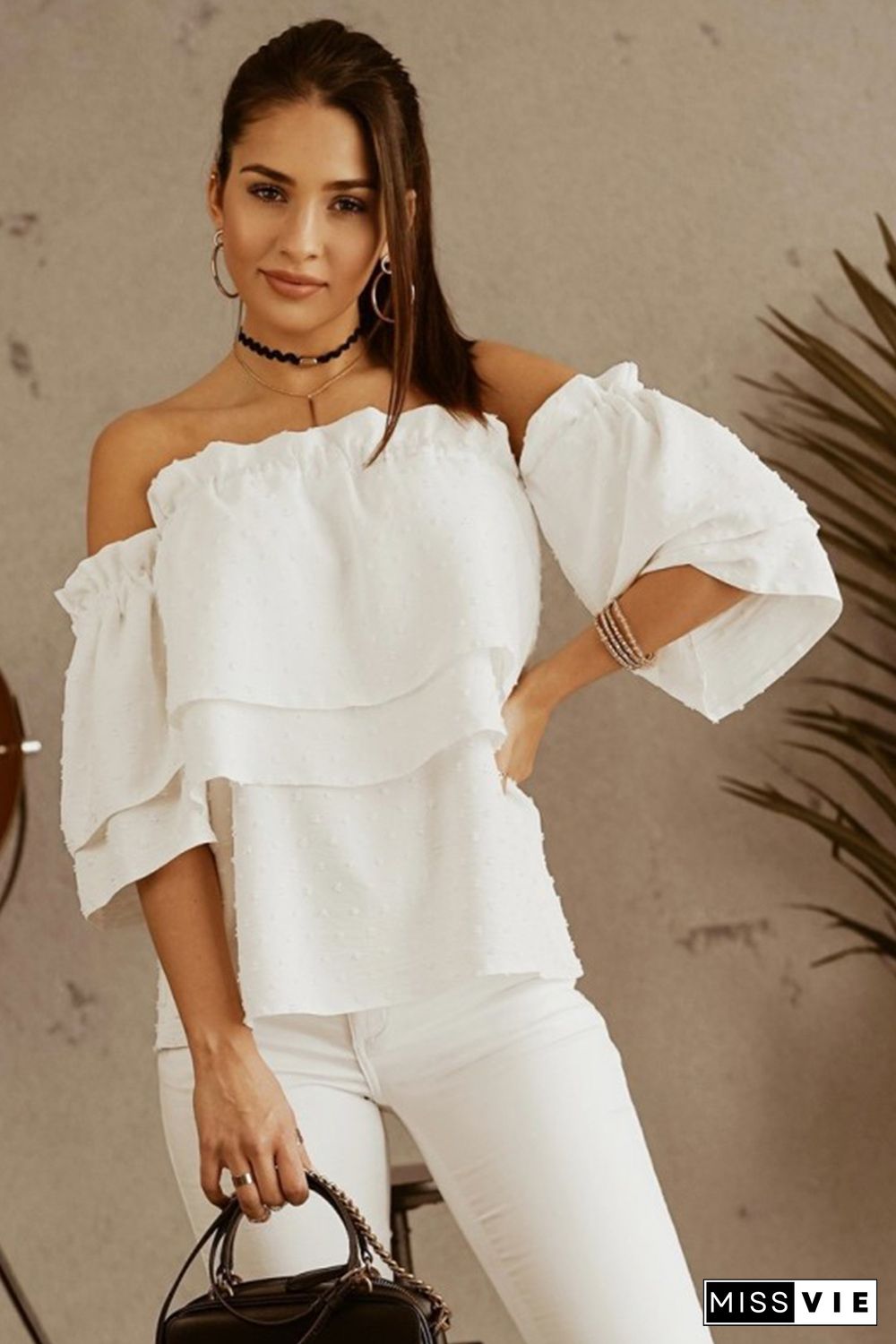 White Swiss Dot Ruffled Off The Shoulder Blouse