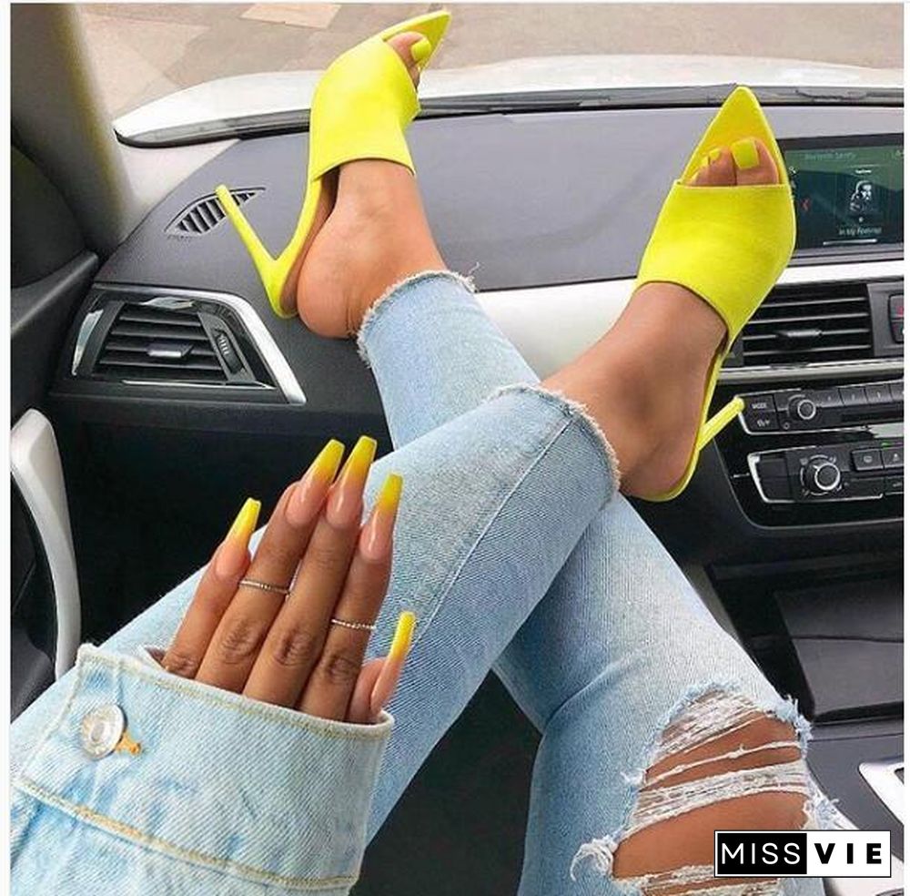 Woman Fluorescent Green Mules Slip On Sandals Peep Toe Slides High Heel Slippers