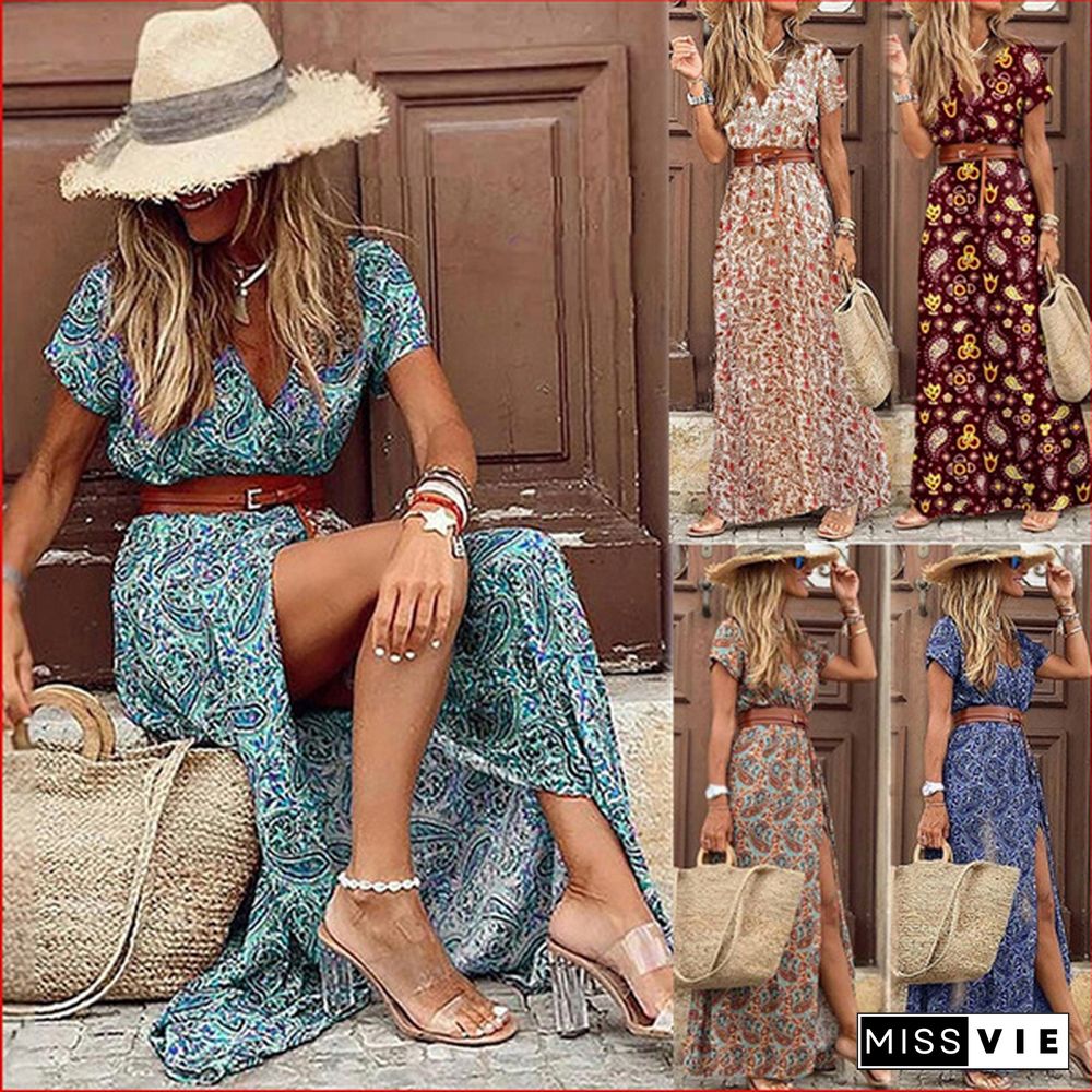 Summer Women's Fashion Retro Floral Elegant Dress Ladies Loose Casual Long Dress One-piece Bohemian Dress with Free Belt