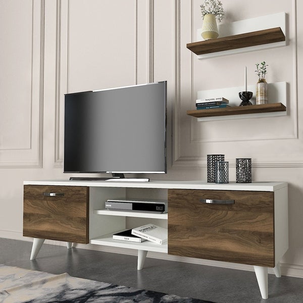 59 Inch Wood TV Console Entertainment Center， 2 Drop Down Doors， 2 Wall Shelves， Walnut， White