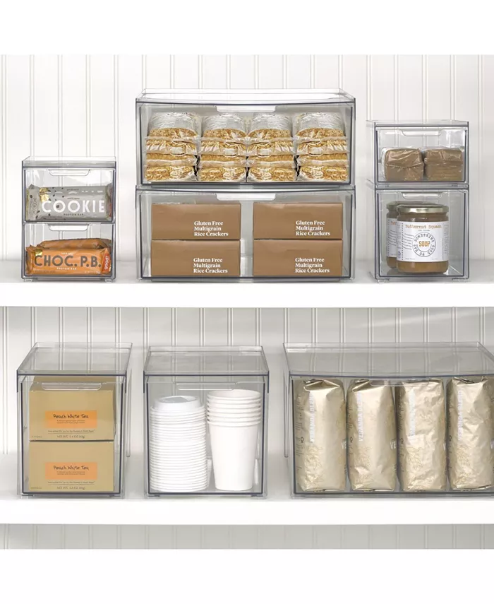 mDesign Plastic Stackable Kitchen Pantry Organizer with Drawer - 2 Pack - Clear