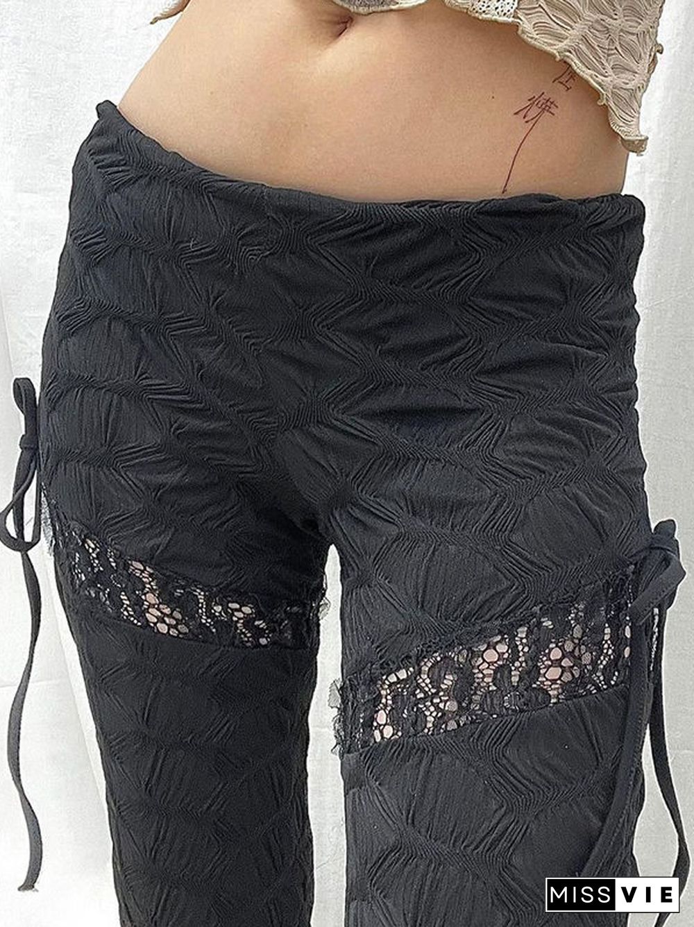 Textured Cutout Lace Splice Tie Up Flare Leg Pants