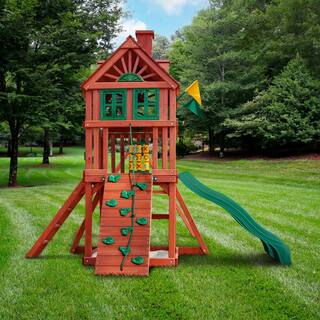 Gorilla Playsets Double Down II Wooden Outdoor Playset with 2 Wave Slides Rock Wall Sandbox and Backyard Swing Set Accessories 01-0036